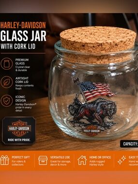 Harley-Davidson Clear Glass Jar with Cork Lid and American Flag Wolf Decal
